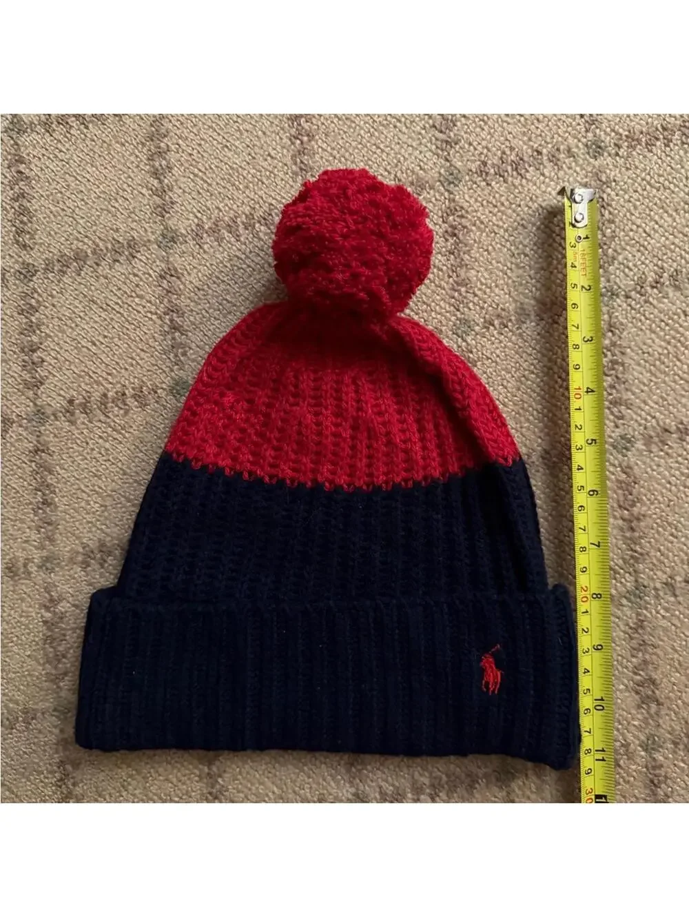 Polo Ralph Lauren Navy and Red knit beanie hat w pom pom and logo. NWOT
